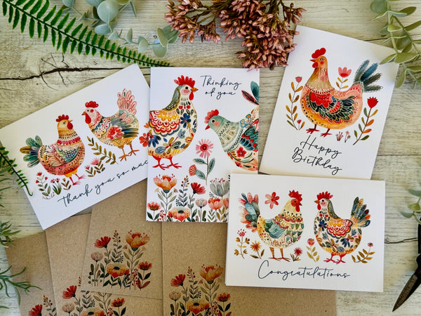 FOLK ART CHICKEN Cards set of 4 - Congratulations, Thank You, Happy Birthday, thinking of you