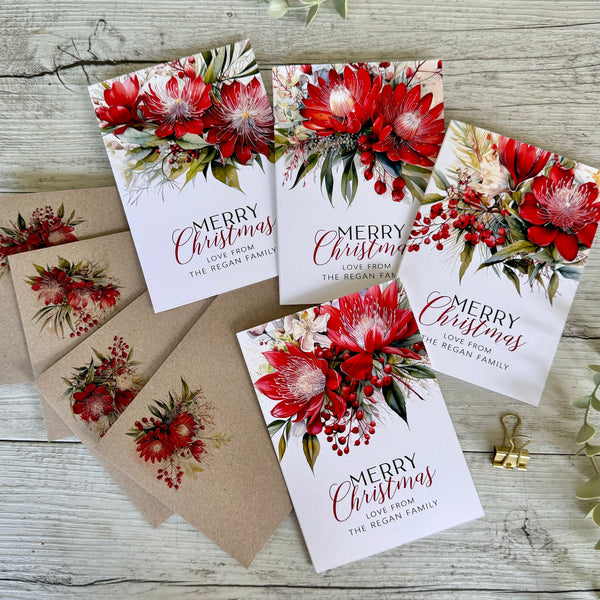 AUSTRALIAN Red FLORAL Personalised Christmas Cards - 4 assorted designs