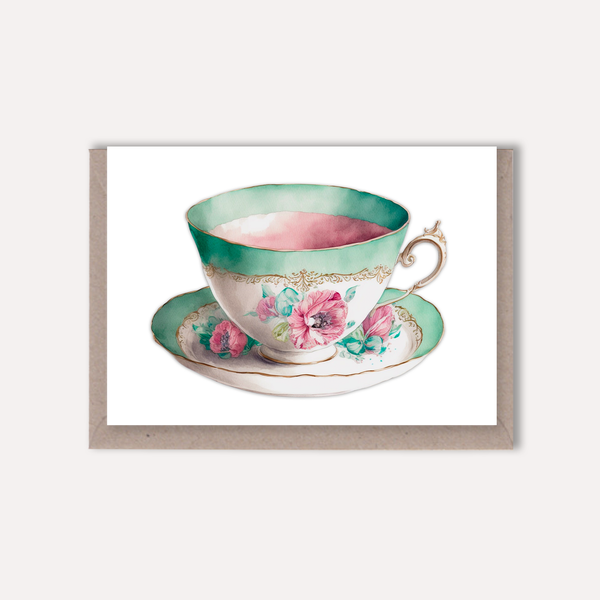 Vintage Teacup Blank Greeting Card - Aqua Pink