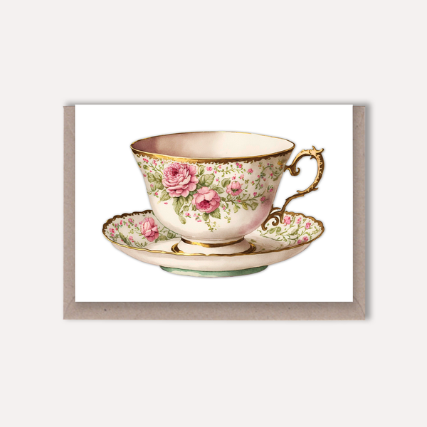 Vintage Teacup Blank Greeting Card - Pink Rose Ivory