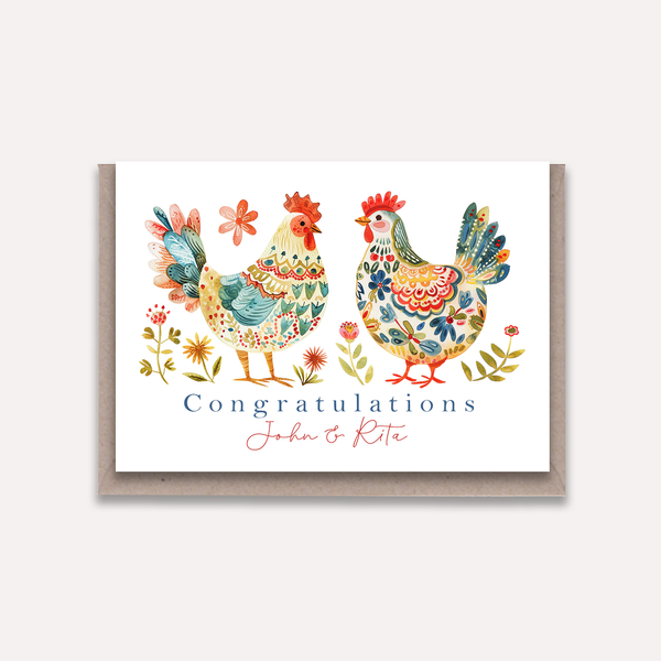 Congratulations Card FOLK ART CHICKEN - Personalised chicken rooster congrats card