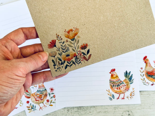 FOLK ART CHICKENS Personalised Writing Paper Set of 20