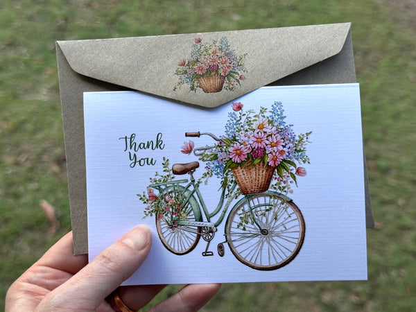 Floral bicycles Thank You Card set of 4 double sided design