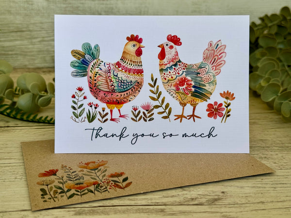 FOLK ART CHICKEN Cards set of 4 - Congratulations, Thank You, Happy Birthday, thinking of you