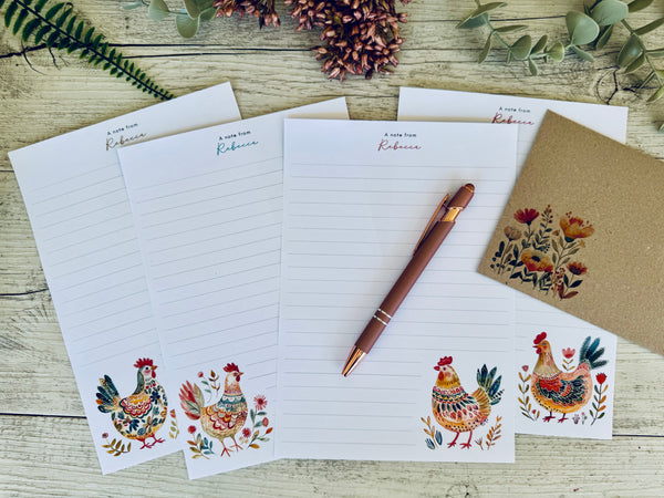 FOLK ART CHICKENS Personalised Writing Paper Set of 20