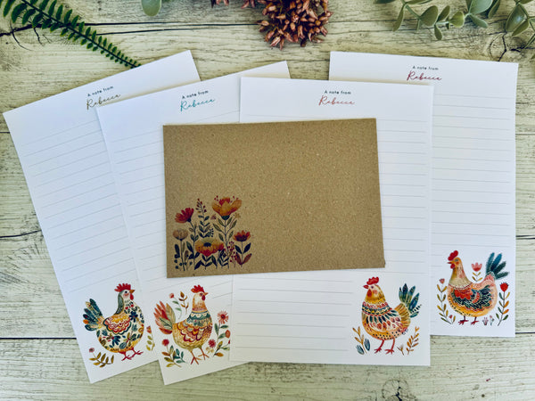 FOLK ART CHICKENS Personalised Writing Paper Set of 20