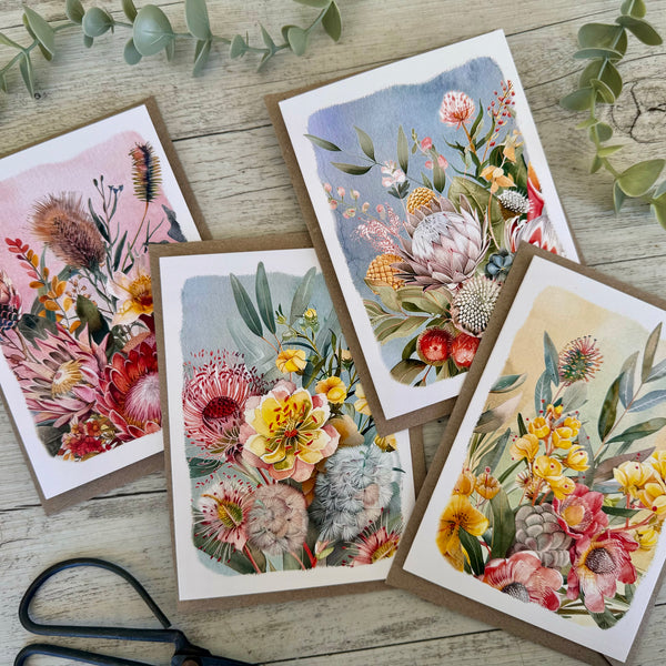 AUSTRALIAN FLORALS with borders Blank cards set of 4