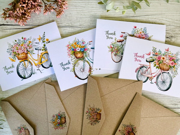 Floral bicycles Thank You Card set of 4 double sided design