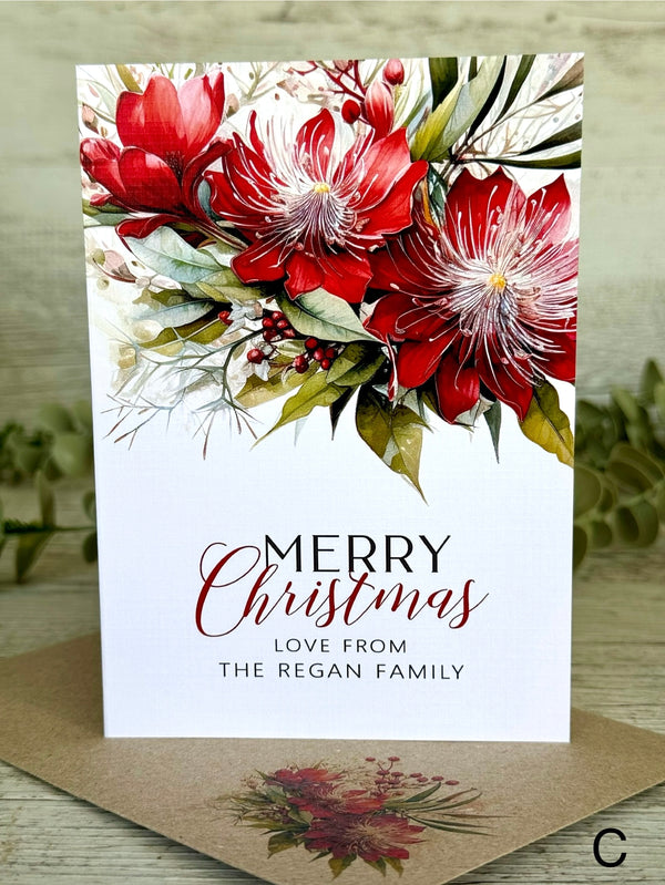 AUSTRALIAN Red FLORAL Personalised Christmas Cards - 4 assorted designs