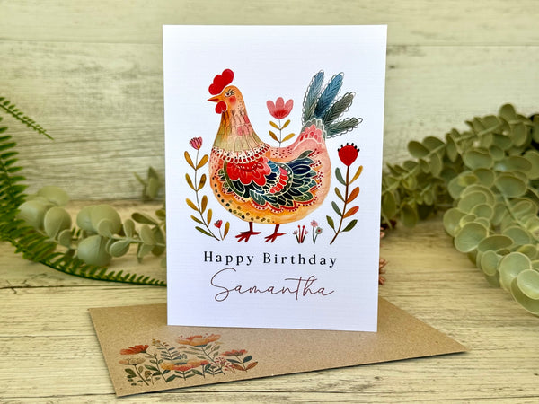 FOLK ART CHICKENS Personalised Birthday Card