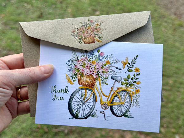 Floral bicycles Thank You Card set of 4 double sided design