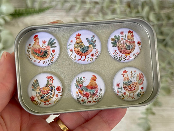 FOLK ART CHICKENS Needle Minders or Magnets set of 6