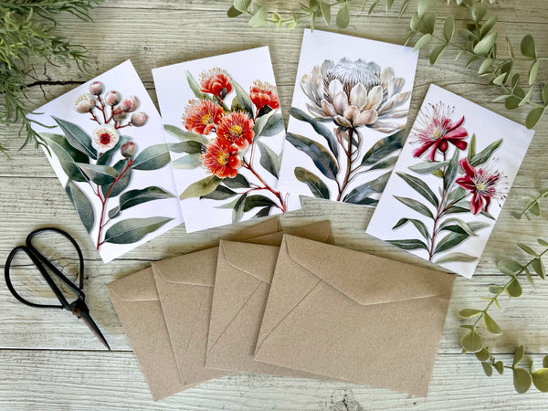 AUSTRALIAN FLORALS Single Stems Blank cards set of 4 - Set C