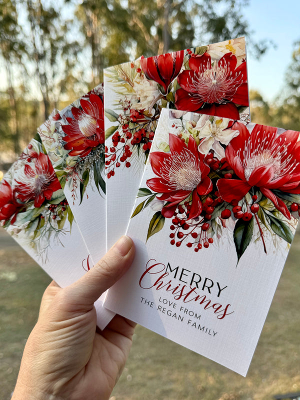 AUSTRALIAN Red FLORAL Personalised Christmas Cards - 4 assorted designs