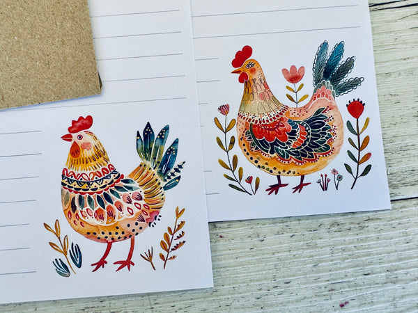 FOLK ART CHICKENS Personalised Writing Paper Set of 20