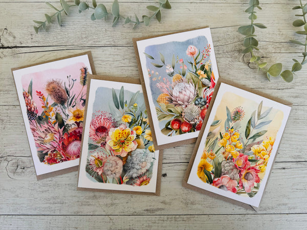 AUSTRALIAN FLORALS with borders Blank cards set of 4