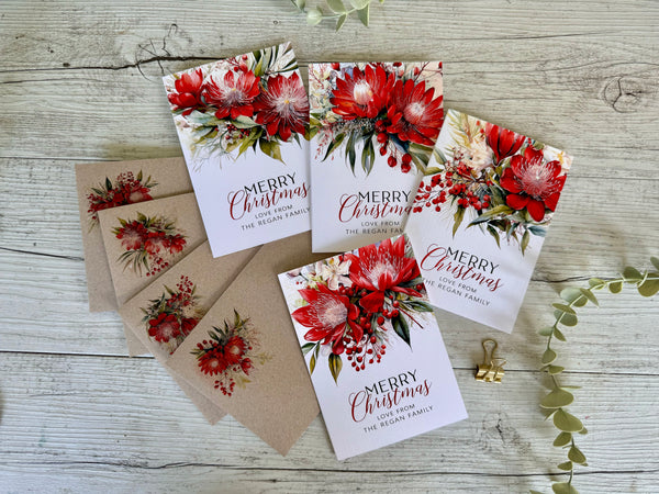 AUSTRALIAN Red FLORAL Personalised Christmas Cards - 4 assorted designs