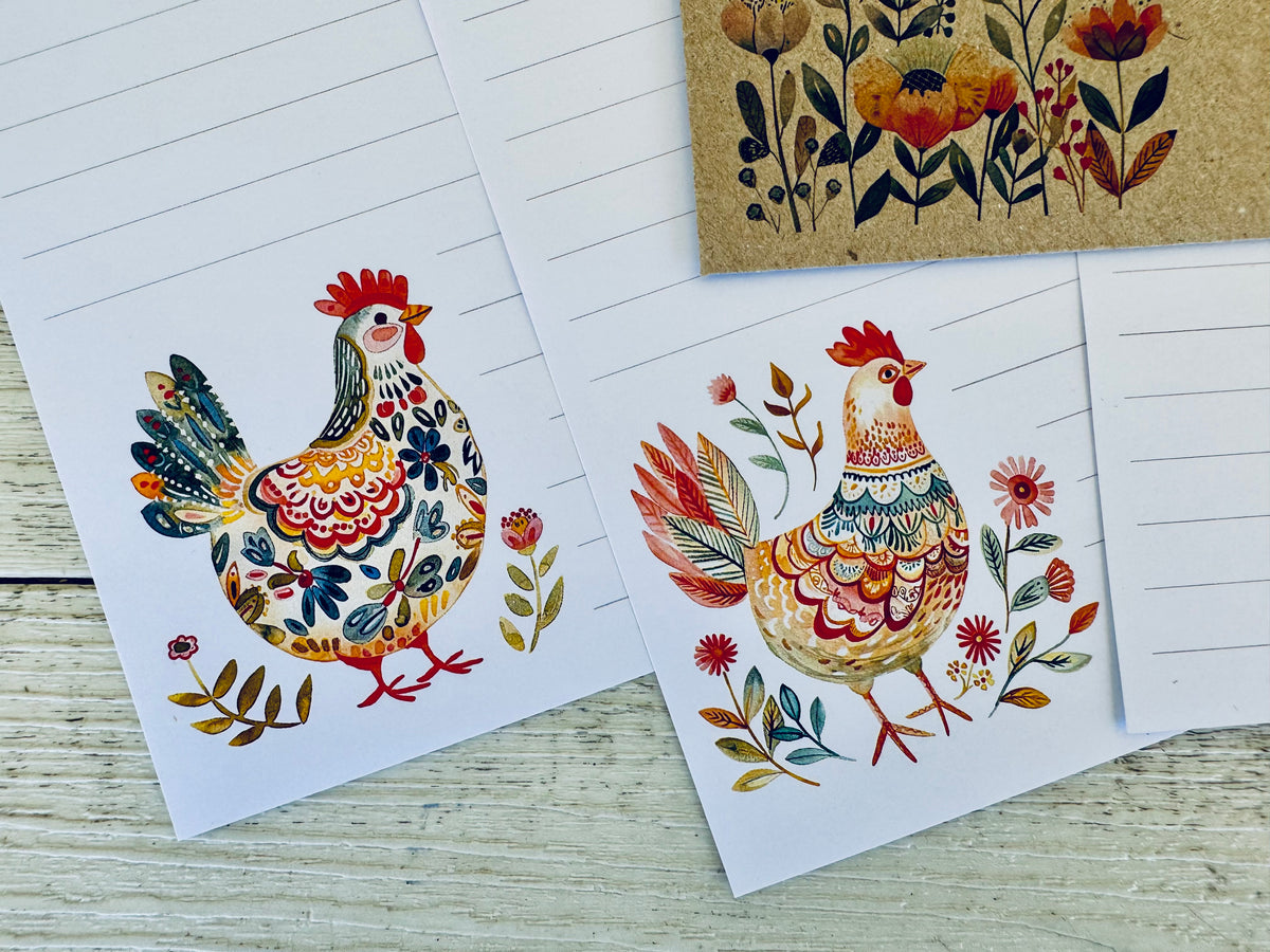 FOLK ART CHICKENS Personalised Writing Paper Set of 20 – Scattered Seed Co