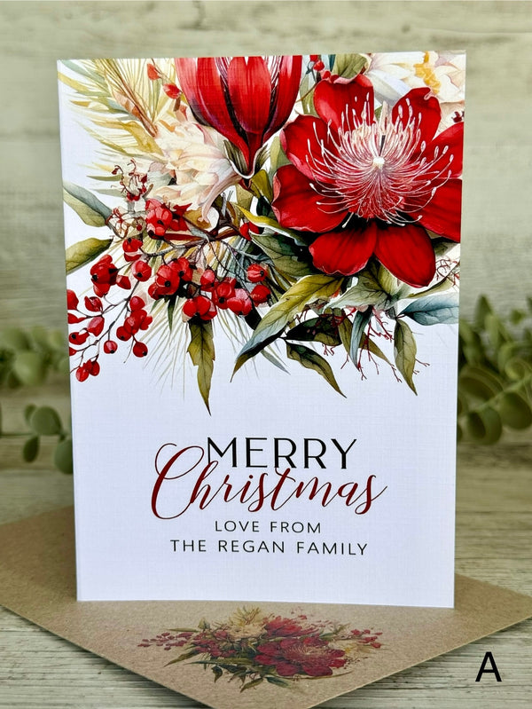 AUSTRALIAN Red FLORAL Personalised Christmas Cards - 4 assorted designs