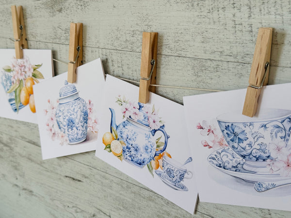 Blue & White Tea set cards set of 4