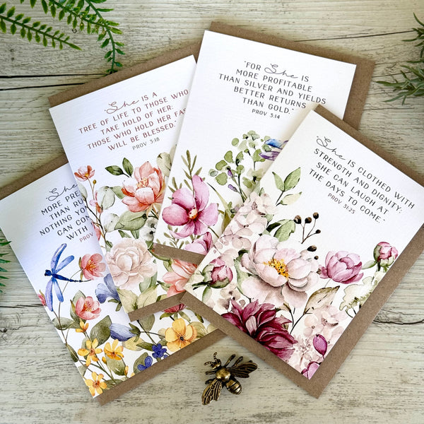 SHE SCRIPTURE cards set of 4 - Christian Cards for women Proverbs 31 woman