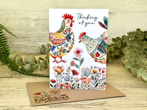 FOLK ART CHICKEN Cards set of 4 - Congratulations, Thank You, Happy Birthday, thinking of you