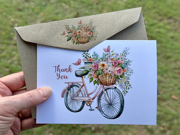 Floral bicycles Thank You Card set of 4 double sided design