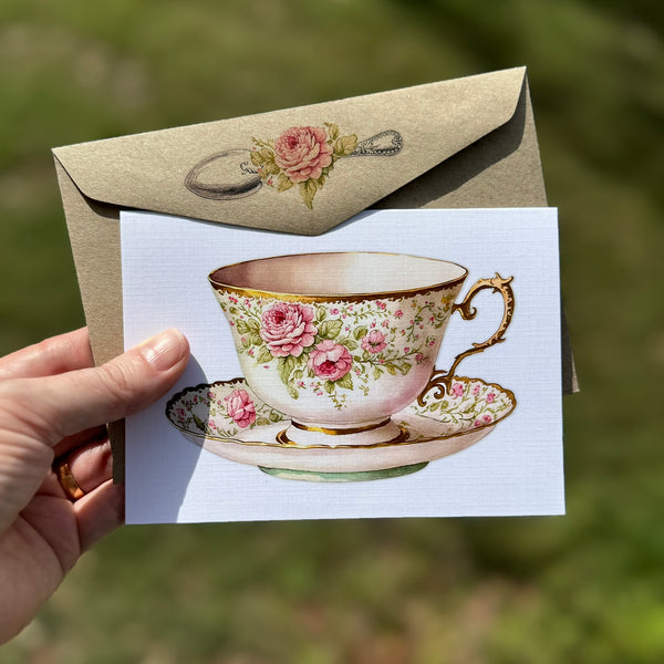 Vintage Teacup Blank Greeting Card - Pink Rose Ivory