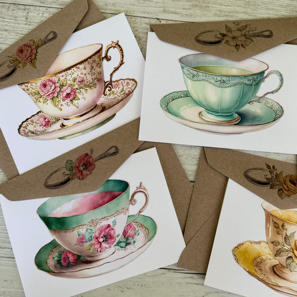Vintage Teacup Blank Greeting Card - Pink Rose Ivory