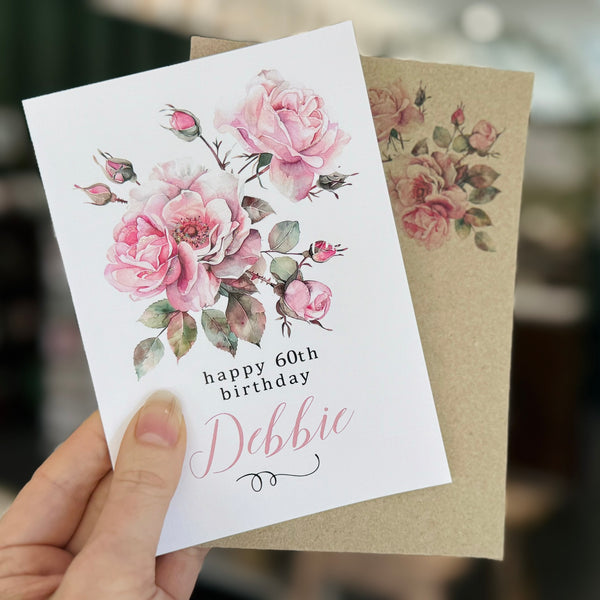Vintage Dusky Rose Birthday Card - Personalised or Happy Birthday