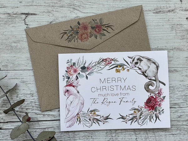 AUSTRALIAN Flora & Fauna Christmas Cards - Sugar Glider & Pink Cockatoo