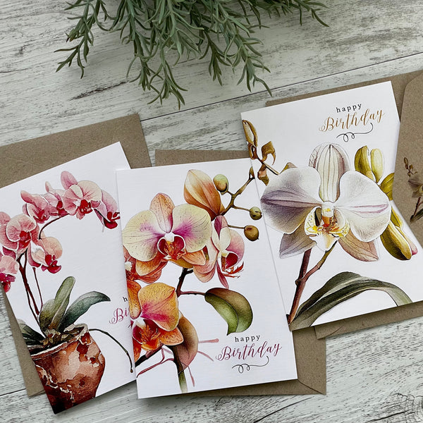 Orchid Birthday cards set of 3
