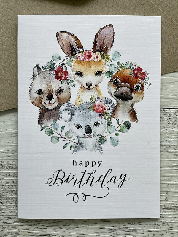 AUSTRALIAN ANIMALS Birthday Cards in Leaves or Floral