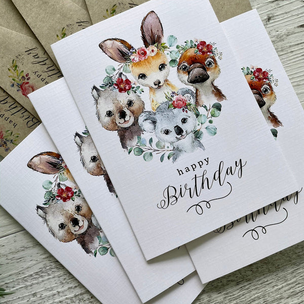 AUSTRALIAN ANIMALS Birthday Cards in Leaves or Floral