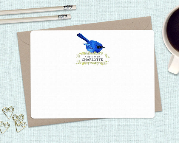 BLUE FAIRY WREN Personalised Flat Notecards Set Of 10
