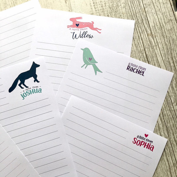 CHILDRENS RANGE Personalised Writing Paper Set of 20 - Fox - Rabbit - Mushroom - Heart - Hedgehog - Snail - Bird