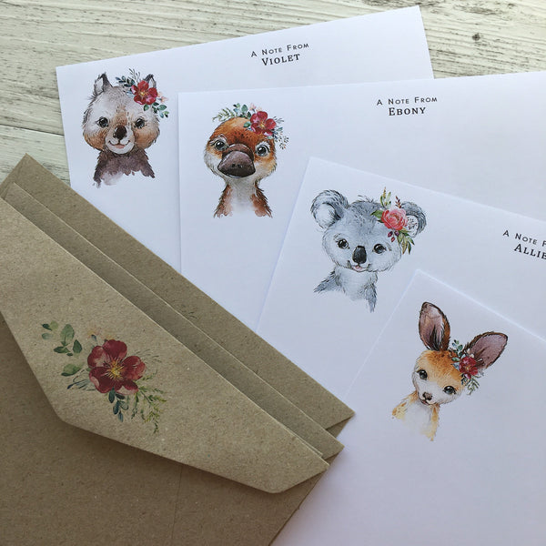 AUSTRALIAN ANIMALS - Thank You - Floral Flat Notecards Set Of 10