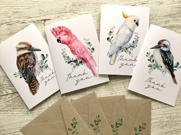 AUSTRALIAN BIRDS Cards set of 4 - Blank, Thank You or Birthday