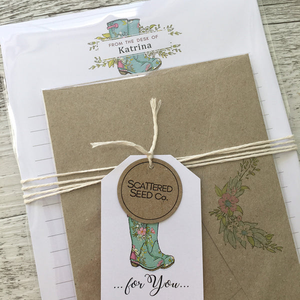 SPRING FLORAL GUMBOOTS Personalised Writing Paper Set of 20
