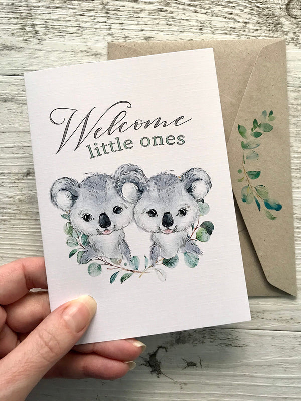 AUSTRALIAN ANIMALS Personalised baby TWINS KOALA Cards