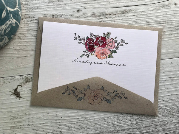 ROSY BOUQUET Personalised Flat Notecards Set Of 10