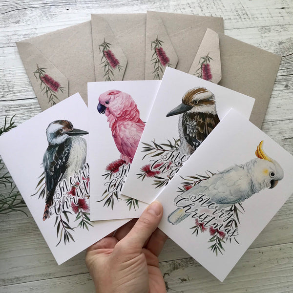 AUSTRALIAN BIRDS CHRISTMAS Cards set of 4
