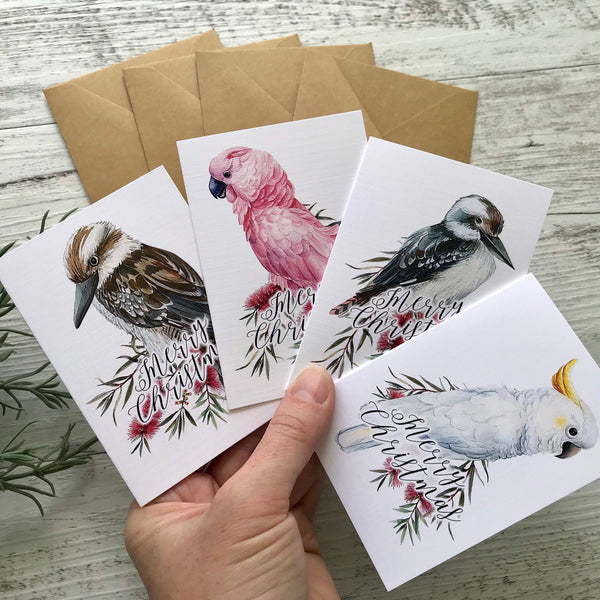 AUSTRALIAN BIRDS CHRISTMAS Cards set of 4