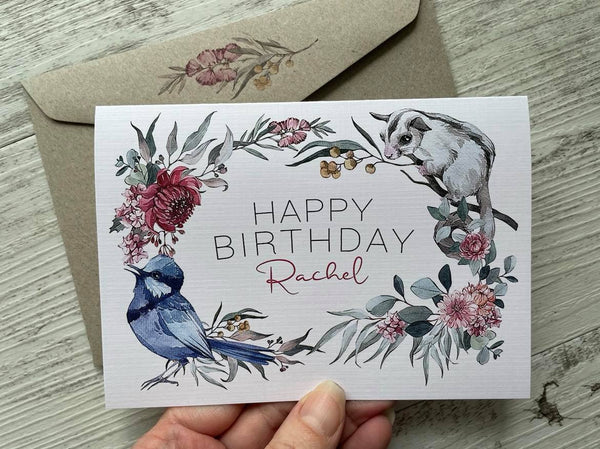 AUSTRALIAN NATIVE WILDLIFE Personalised Birthday Card  - Possum & Fairywren