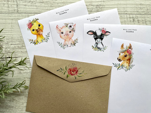 FARMYARD FRIENDS Set A Personalised Writing Paper Set of 20