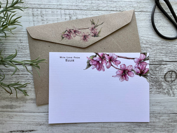CHERRY BLOSSOM Personalised Flat Notecards Set Of 10