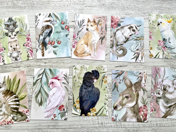 Premium Australian Notecard Set - Australian Animals, Birds & Flora - Full colour double sided A6 set of 5 or 10 - Optional envelopes