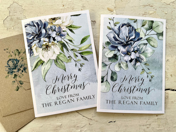 BLUE & WHITE FLORAL Personalised Christmas Cards
