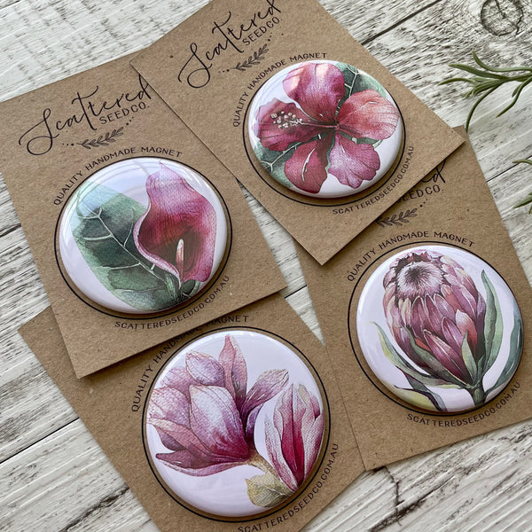 TROPICAL COLLECTION Large Magnets - Magnolia, Protea, Calla Lily, Hibiscus