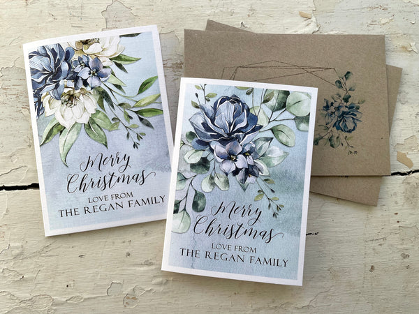 BLUE & WHITE FLORAL Personalised Christmas Cards